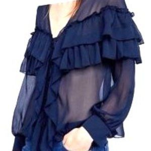 ZARA Basic Navy Blue Ruffled Sheer Blouse